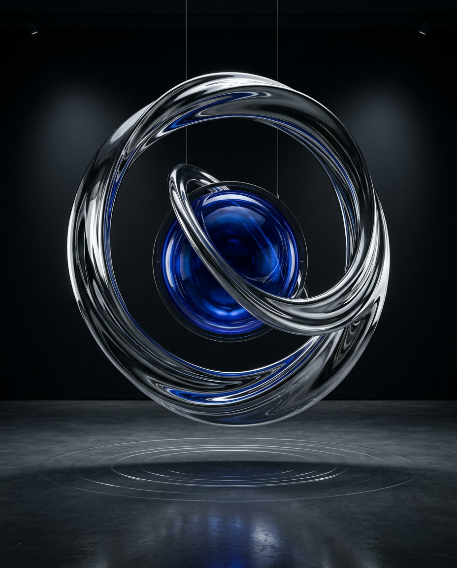 Conceptual chrome sculpture framing a cobalt blue sphere