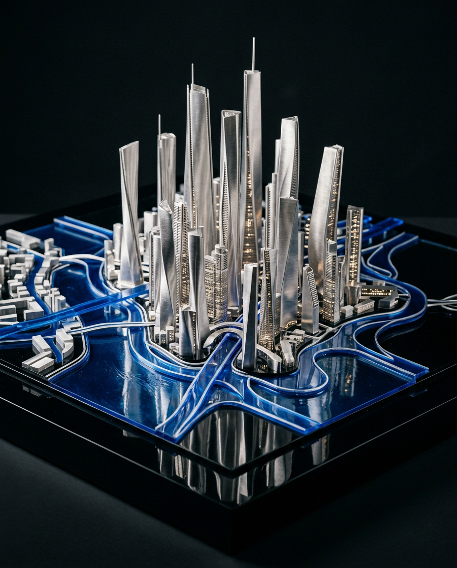Conceptual silver architectural model with cobalt blue channels