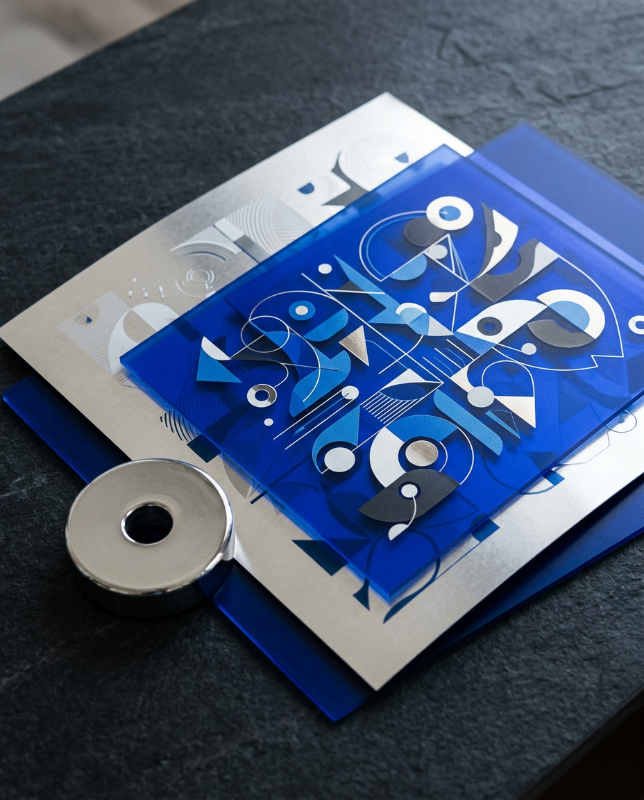 Conceptual blue and silver presentation materials on a dark tabletop