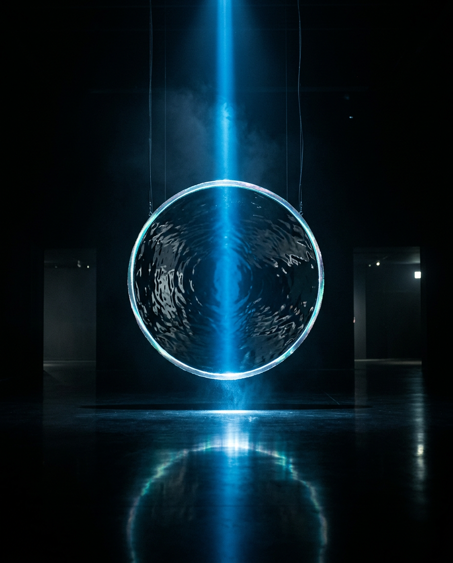 Conceptual mirrored portal suspended above a dark reflective floor