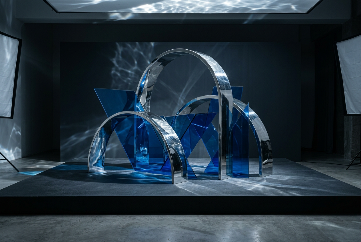 Chrome and blue conceptual set installation with watery light