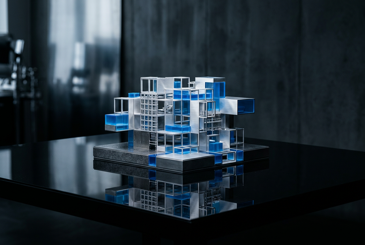 Silver and blue architectural maquette on a reflective table