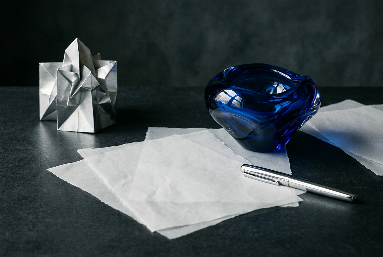 Writing materials with blue glass and sculptural folded paper
